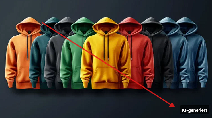 KI-Label auf einem Produktfoto mit mehreren Hoodie-Farbvarianten